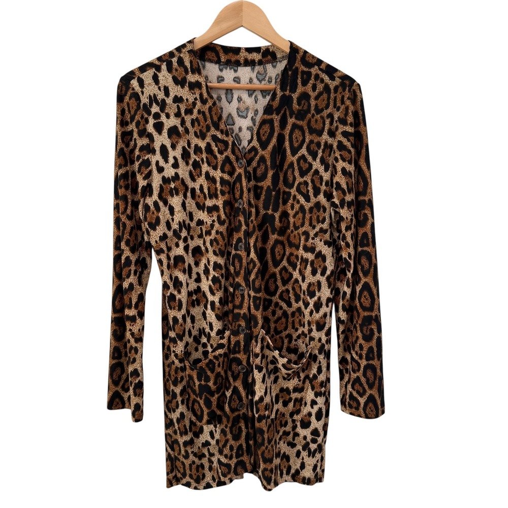 Leopard Print Longline Slinky Knit Cardigan Sz L Button Front Pockets VNeck Boho - Picture 2 of 8